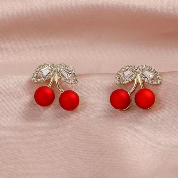 Cherry Red & Gold Rhinestone Earrings - Picture 1 of 3